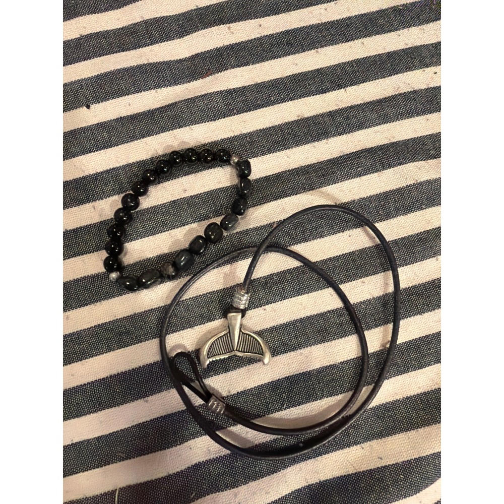 Pakabone Black Beaded Bracelet and Leather Whale Tail Fluke Pendant Necklace Set